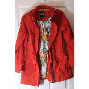 Point Zero Red Parka Jacket Floral Lined Hooded Womens Size Small